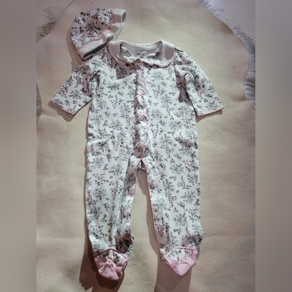 Little Me Other - Little Me baby girl floral one piece layette outfit with matching hat 9m